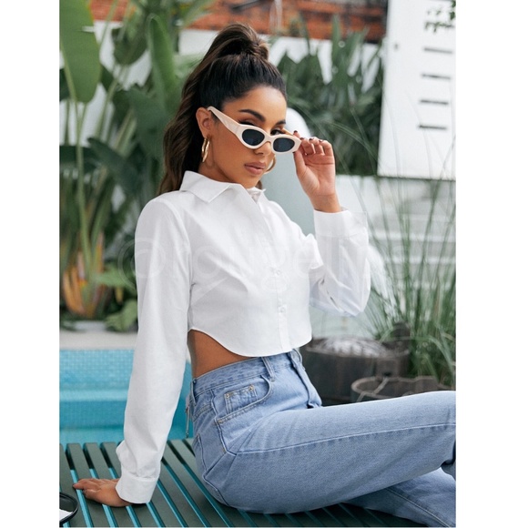 100% Cotton White Crop Button Up Down Long Sleeve Collared Shirt - Picture 4 of 7